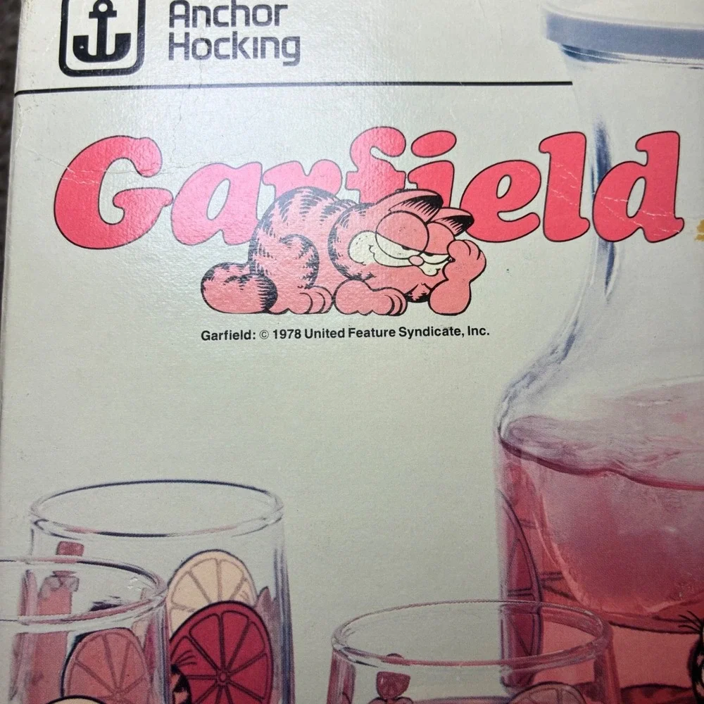 Vintage Anchor Hocking Garfield Juice Set 1978 Glass Carafe Glasses Cup 5 Pc Set